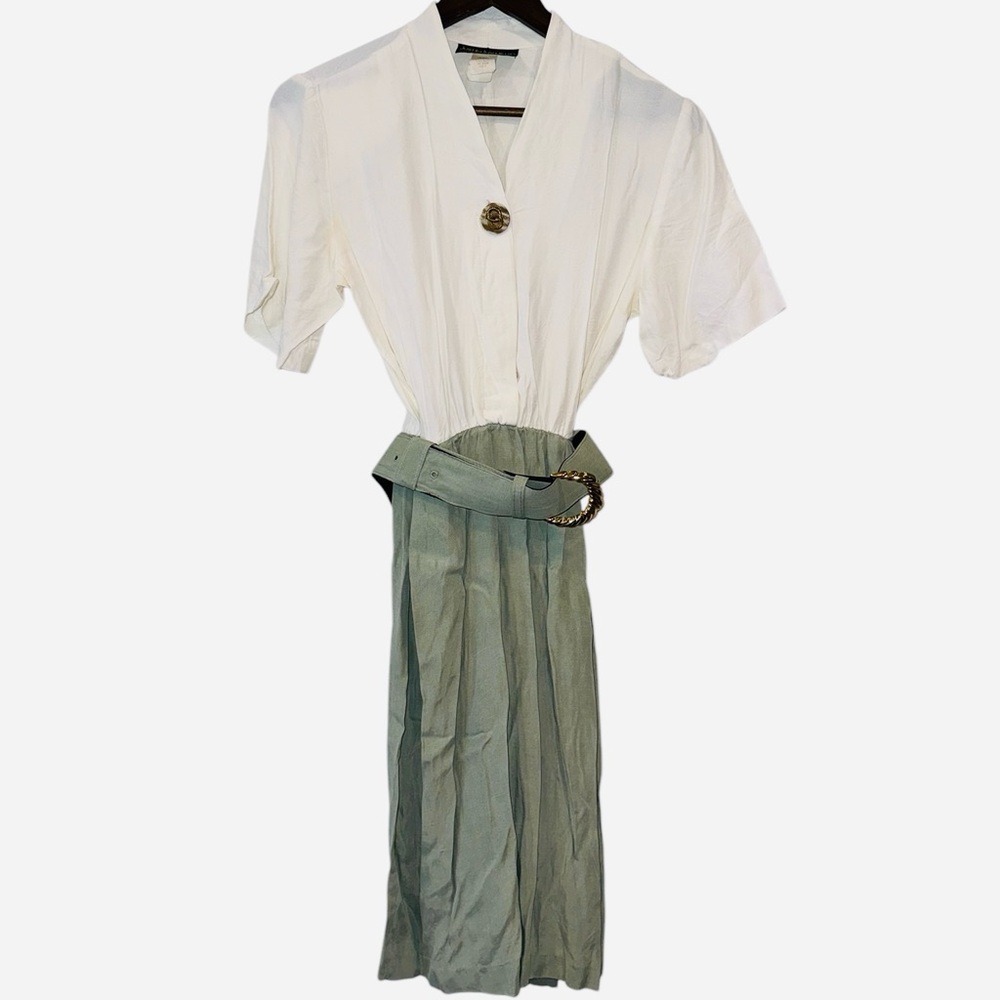 Vintage Just In Thyme LTD White Sage Colorblock Hidden Button Belted Dress Sz 8